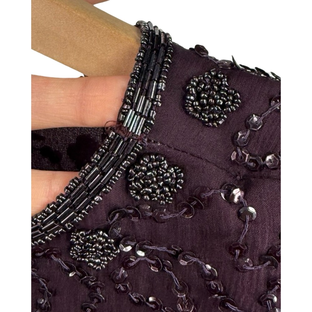 Brilliante by J.A. Beaded Silk Dress Plum Scalloped Hem Size L Vintage Style - Picture 7 of 10